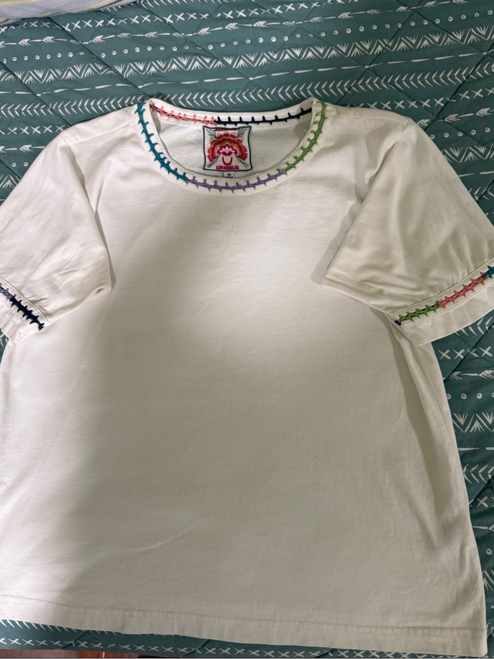 Johnny Was White T-Shirt with Multicolor Stitch Detail